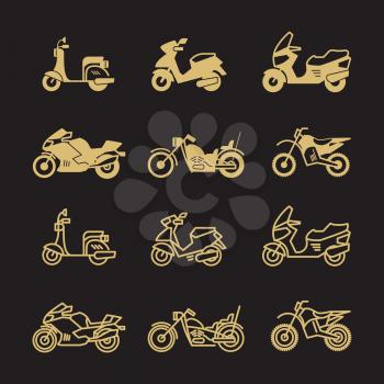 Vintage motorbike and motorcycle icons set isolated on black background. Vector illustration