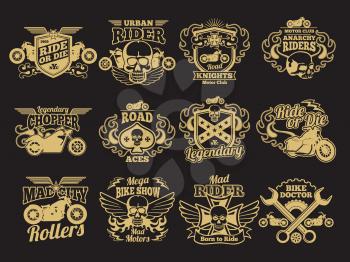 Motorbike club vintage vector patches on black. Motorcycle racing labels and emblems. Illustration of motorbike label, legendary emblem and badge