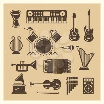 Classic music instruments grunge silhouettes set. Vector musical instrument and music sound illustration
