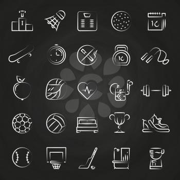 Healthy lifestyle line style icons of set isolated on chalkboard. Vector illustration