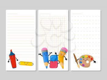 Notepad pages with cute cartoon pencils eraser marker. Notebook page with colored pencil illustration