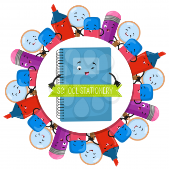School stationery round banner design - vector cartoon pencil markers notebook illustration