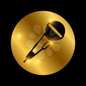 Simple black shiny microphone on gold round isolated. Vector illustration