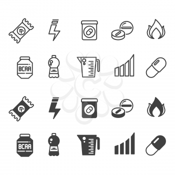 Sport supplements power, protein and vitamin sports nutrition line and silhouette icons collection. Vector illustration