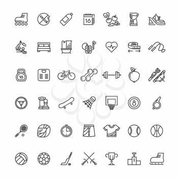 Sports fitness outline symbols. Sports equipment thin line vector icons. Sport and fitness equipment outline linear style illustration
