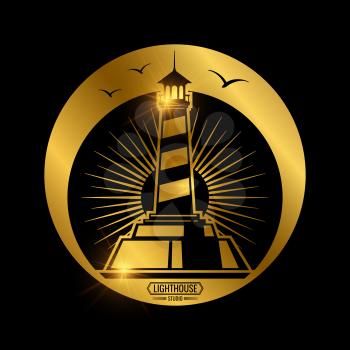Vintage nautical label with lighthouse and shiny element. Vector illustration