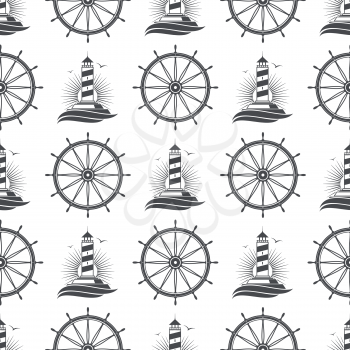 Marine nautical seamless pattern background design with vintage lighthouse and wheel. Vector illustration