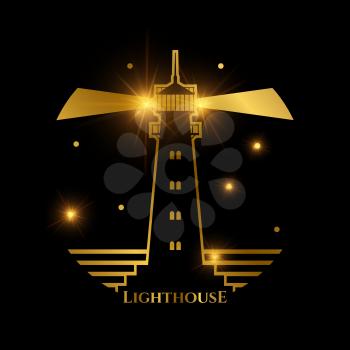 Nautical golden shiny lighthouse logo and label on black. Vector illustration
