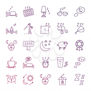 Insomnia problems and sleeping line icons set. Sleep and insomnia, health rest sleepless, vector illustration