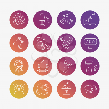 Insomnia problems linear icons on bright rounds isolated on white. Vector illustration