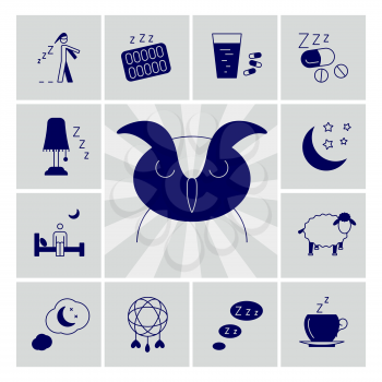Insomnia problems vector icons set. Asleep night and depression illustration