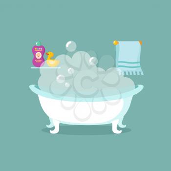 Bathroom cartoon vector interior with bathtub full of foam and shower. Illustration of bath interior, bathroom or bathtub
