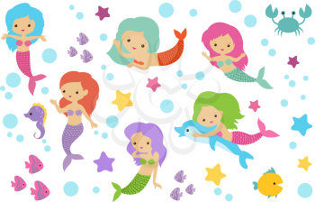 Pretty swimming mermaids with underwater elements. Sea princess girls cartoon characters. Underwater sea princess character. Vector illustration