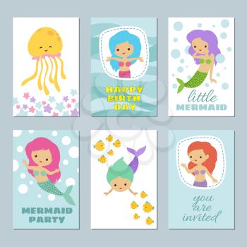 Pretty baby mermaids birthday greeting card vector templates. Mermaid invitation to birthday party illustration