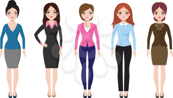 Young girl standing in different casual clothes isolated. Businesswoman in dress and pants vector set. Woman adult, businesswoman character in formal clothing illustration