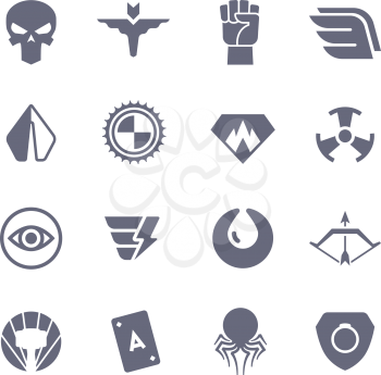 Superheroes vector icons. Super power superhero heroic symbols. Super heroic symbol collection illustration
