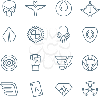 Superhero line vector icons. Illustration of super heroic power for superhero, shield and skull, spider and bow