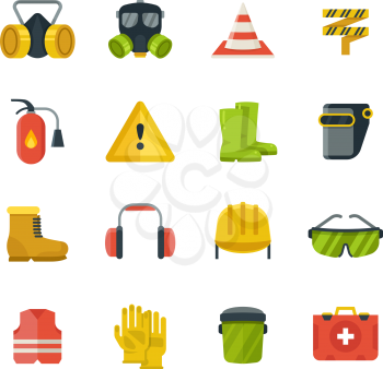 Personal protective equipment for safety and security work flat vector icons. Safety equipment and protection in color style illustration