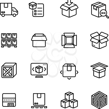 Product packing line icons. Box warehousing outline vector symbols. Delivery service packaging, thin line linear and outline box and container illustration