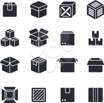 Open and closed box black silhouette icons isolated. Package vector symbols. Box open and package cardboard for gift, empty container illustration