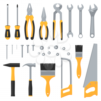 Construction hardware industrial tools vector flat icons. Illustration of saw and hammer, instrument for work and repair