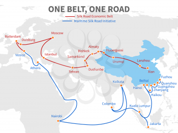 One belt - one road chinese modern silk road. Economic transport way on world map vector illustration. Transit roadmap, shipping european and eurasia distant