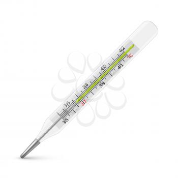 Medical mercury thermometer. Diagnostic temperature instrument for human body vector illustration. Thermometer equipment mercury, temperature measurement instrument for diagnostic