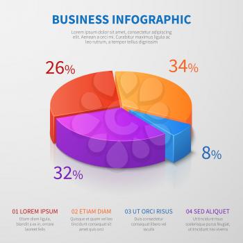 Pie chart 3d graph vector design with percentages and options for business presentation. Illustration of pie graphic for business, chart circle and diagram