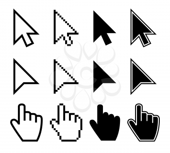 Clicking mouse cursors, computer finger pointers vector set. Mouse pointer finger, cursor arrow hand illustration