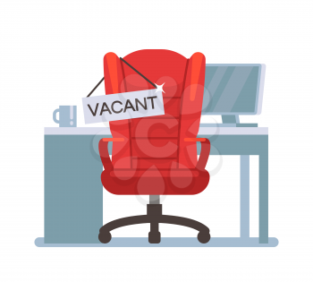 Empty office chair with vacant sign. Employment, vacancy and hiring job vector concept. Chair vacant work, search employee illustration