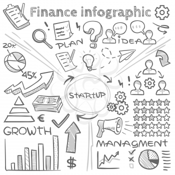 Hand drawn finance vector infographics with doodle charts and sketch diagrams. Finance business chart and diagram doodle sketch, infographic arrow drawing illustration