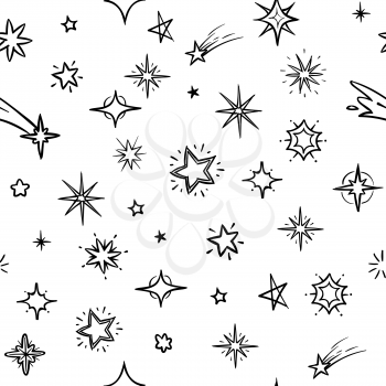 Hand drawn sky with doodle stars vector seamless background. Grunge outer space repeating pattern. Seamless sky star pattern sketch monochrome illustration