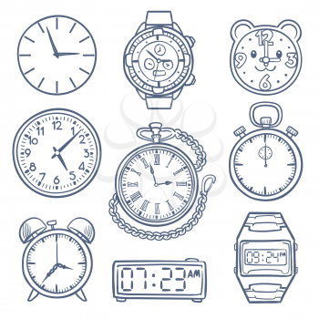 Doodle watch, clock vector icons. Hand drawn time vector icons isolated. Clock and watch time, illustration of alarm drawing, doodle stopwatch