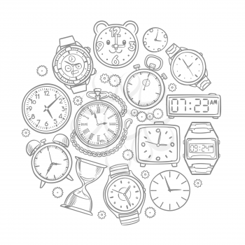 Hand drawn clock, wrist watch doodles time vector concept. Illustration of time clock and wrist watch sketch