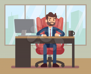 Businessman working at desk with laptop in corporate office workplace. Business table and businessman in office desk. Vector illustration