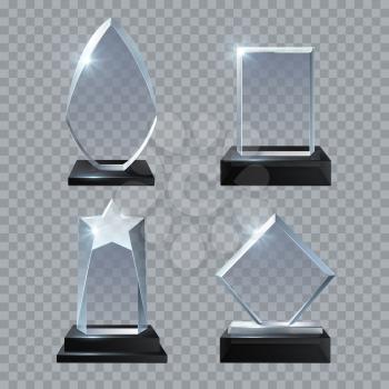 Crystal glass blank trophy awards isolated vector templates collection. Trophy glass prize, base panel achievement illustration