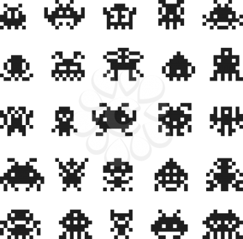 Pixel monster space invaders vector silhouette 8 bit icons. Illustration of monster pixel for game, robot alien character