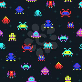 Cute pixel robots, space invaders retro video computer game seamless vector pattern. Pixel monster colored in space, comic cartoon arcade pixelated illustration