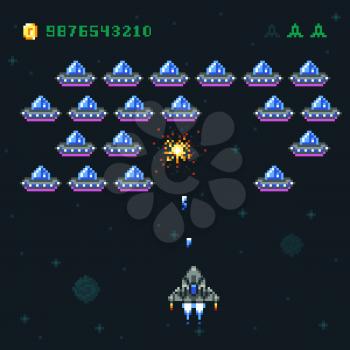 Retro arcade game screen with pixel invaders and spaceship. Space war computer 8 bit old vector graphics. Game video arcade, spaceship and rocket digital pixel illustration