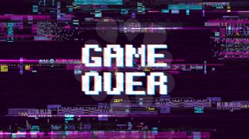 Game over fantastic computer background with glitch noise retro effect vector screen. Game over pixel display, video computer text illustration