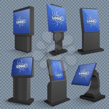 Touch screen computer terminals, lcd standing monitor of information kiosks vector set. Touch display monitor screen, stand terminal promotion illustration