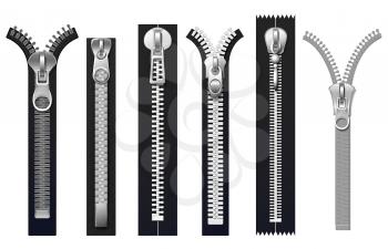 Clothing fasteners, metal zippers isolated vector set. Fashion fastener zip, zipper for clothing illustration