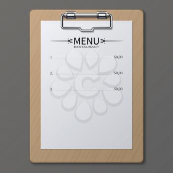 Classic restaurant menu on paper sheet in clipboard. Vector template. Illustration of menu food cafe, brochure paper with price