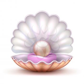 Open oyster sea shell with valuable pearl isolated. Realistic 3d vector illustration. Pearl and shell, valuable treasure shine