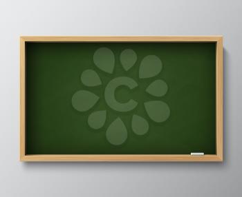 Dirty empty blackboard. Green chalkboard with wooden frame and chalk for classroom or restaurant menu vector illustration. Board chalkboard and blackboard empty for classroom