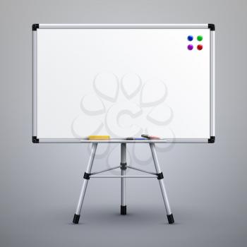 Office presentation whiteboard on tripod. Blank classroom white noticeboard 3d vector illustration. White board for presentation on tripod