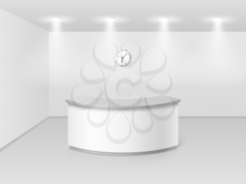 Office or hotel interior with reception counter desk 3d vector illustration. Hall business interior with counter empty
