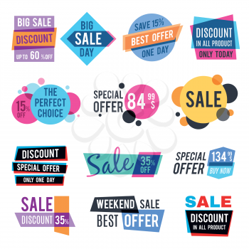 Fashion design pricing tags and discount labels vector templates with color multiply effect. Sale and best offer special illustration