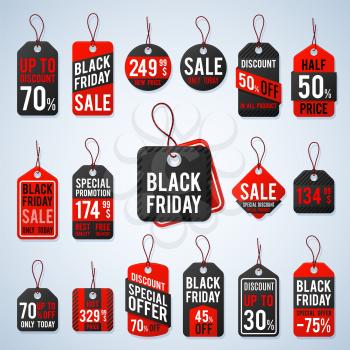 Black friday pricing tags and promotion labels with cheap prices and best offers. Retail vector sign, black friday sign sale, retail label offer promotion illustration