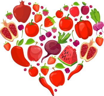 Heart shape of red fruits and vegetables. Healthy nutrition organic vector illustration